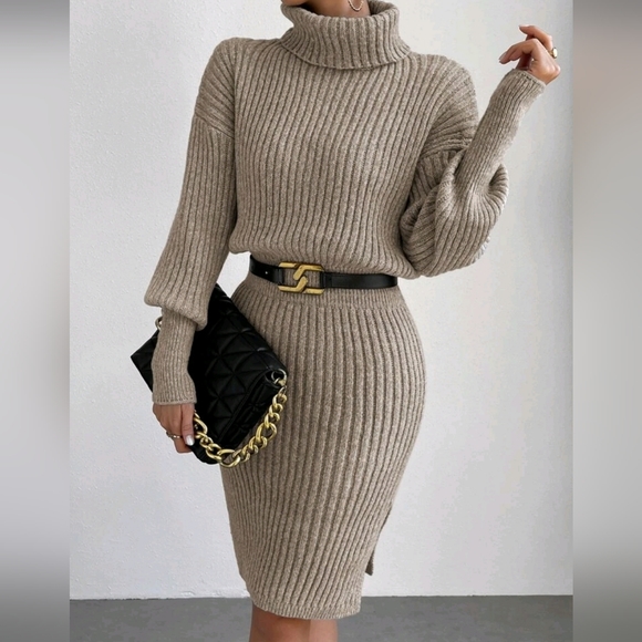 NEW Luxe Ribbed Knit Turtleneck Sweater Dress Long Sleeve Tan Beige - Picture 1 of 8